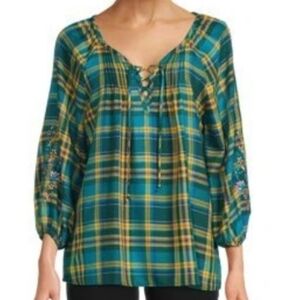 The Pioneer Woman Plaid Embroiderd Sleeves Peasant Blouse Size Medium New